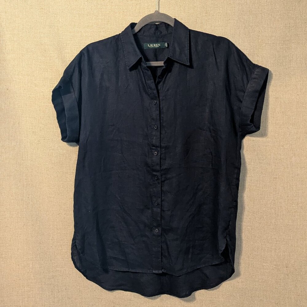 Lauren Navy Relaxed Fit Short Sleeve Linen Button-Up Shirt, Size M